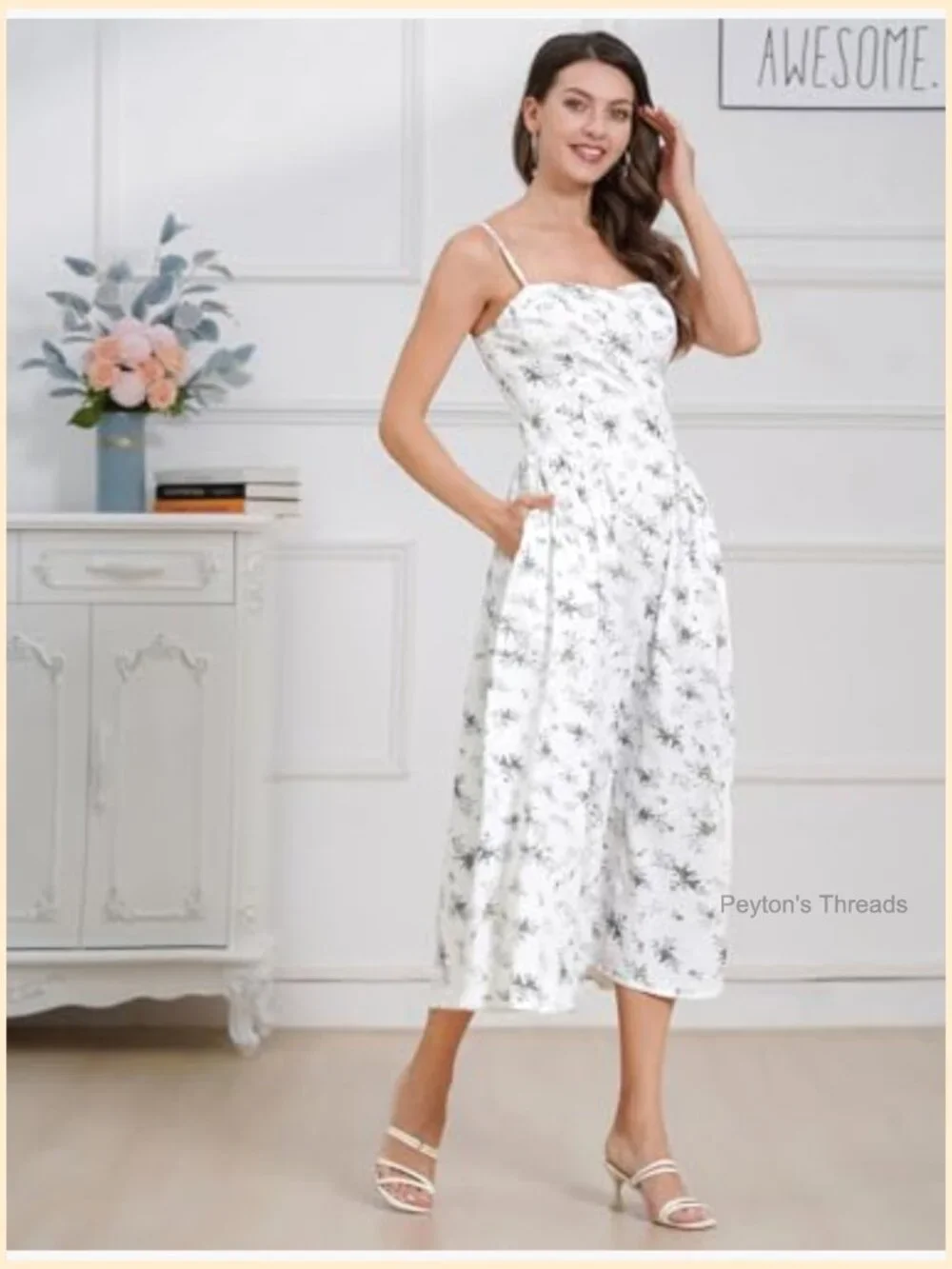 Sexy Spaghetti Strap Bustier Midi Dress with Pockets Flowy Pleated Hem - Picture 5 of 7